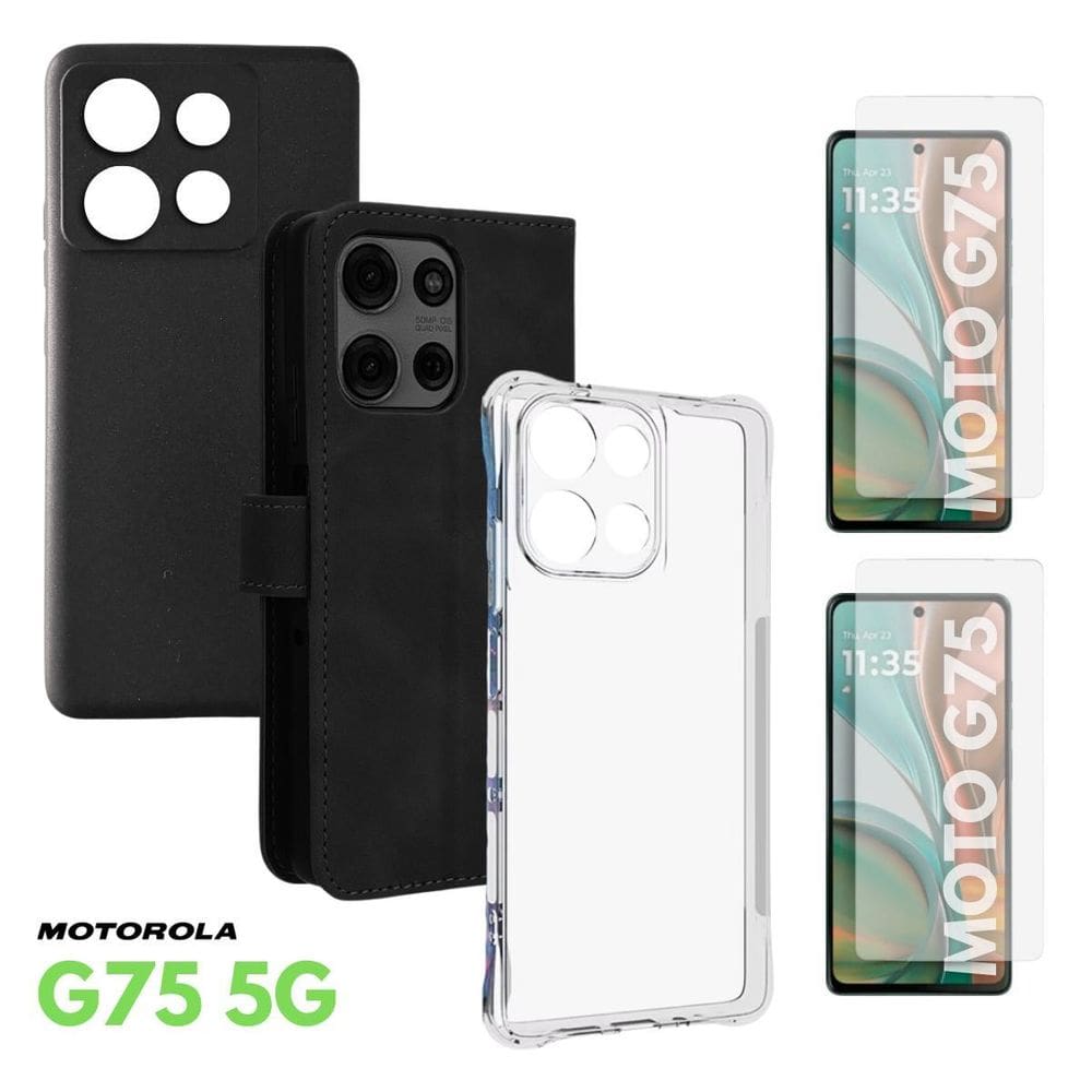 Kit Completo Motorola Moto G75 Carteira + Capa Preta +