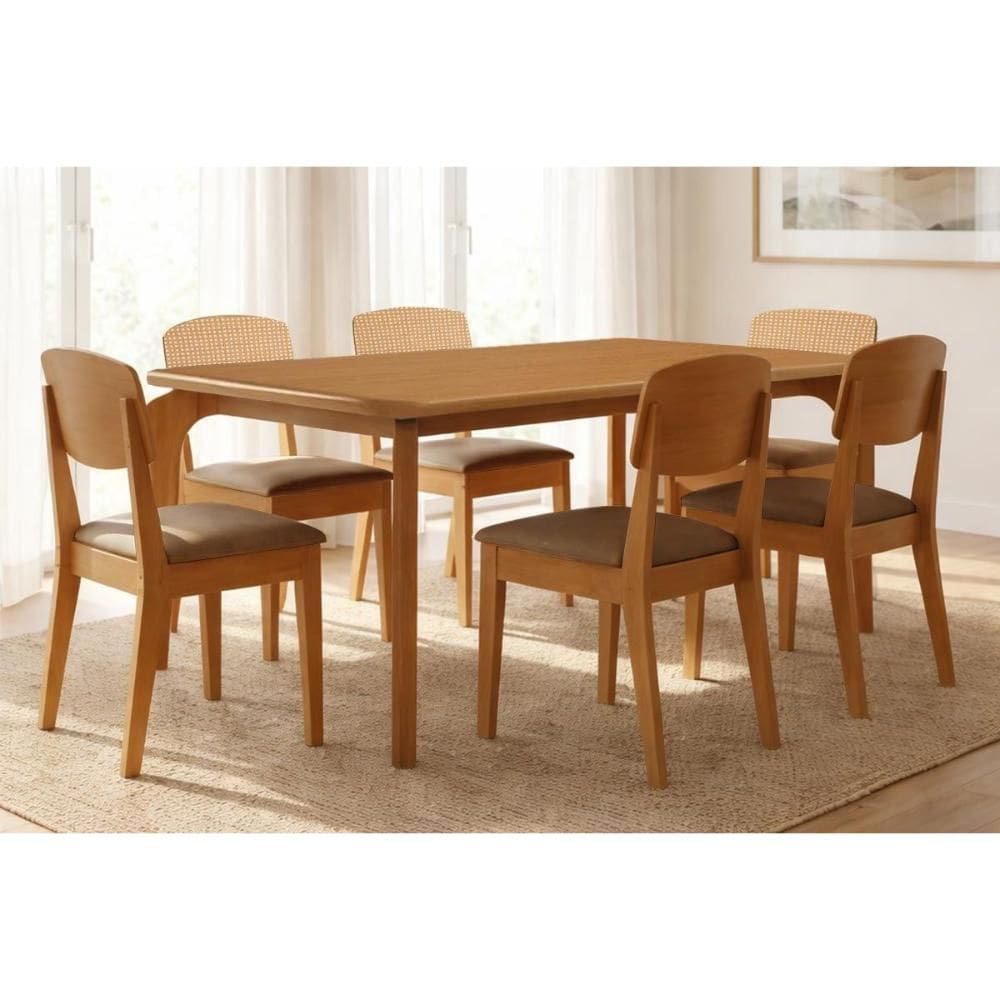 Sala Jantar Mesa Londrina Tampo Curvo 180cm+6 Cadeiras Havana Naturale - Corano Capuccino - Rufato