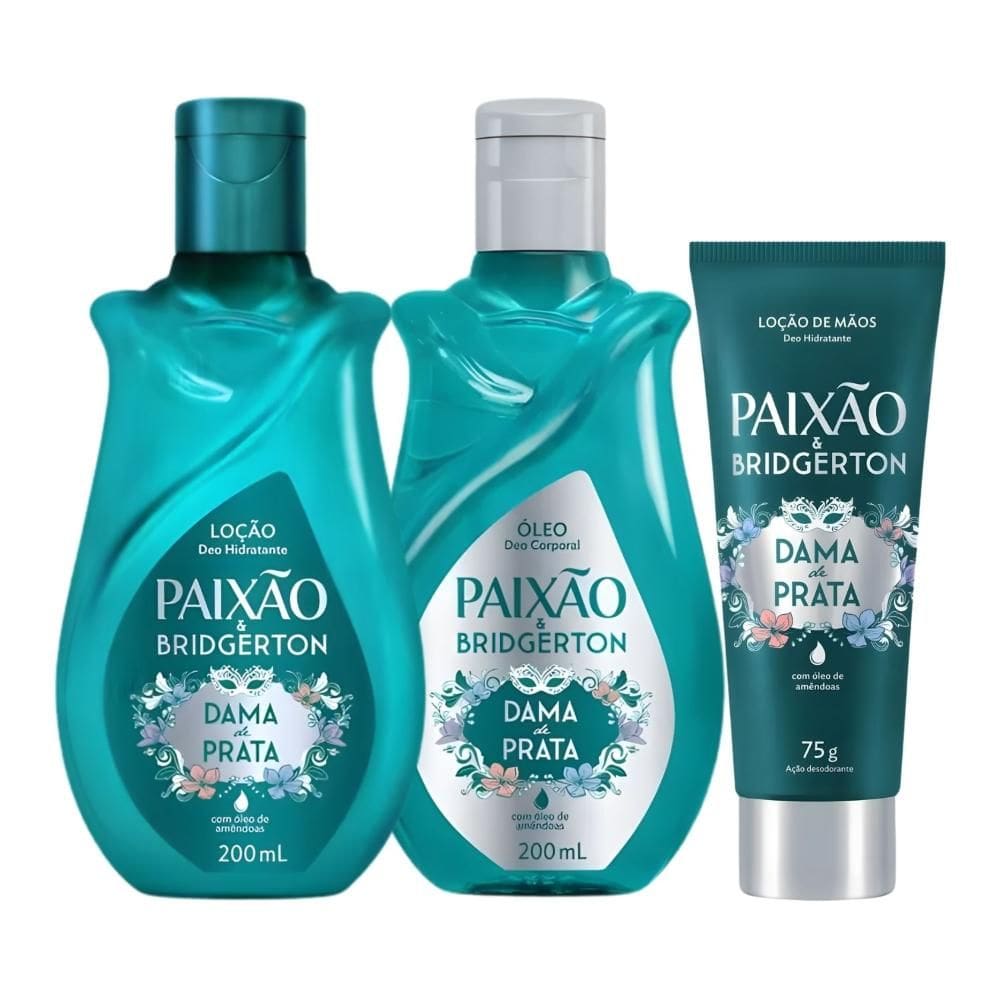 Kit Paixão Bridgerton Dama de Prata: Loção Hidratante, Óleo Corporal 200ml e Loção Hidratante de Mãos 75g