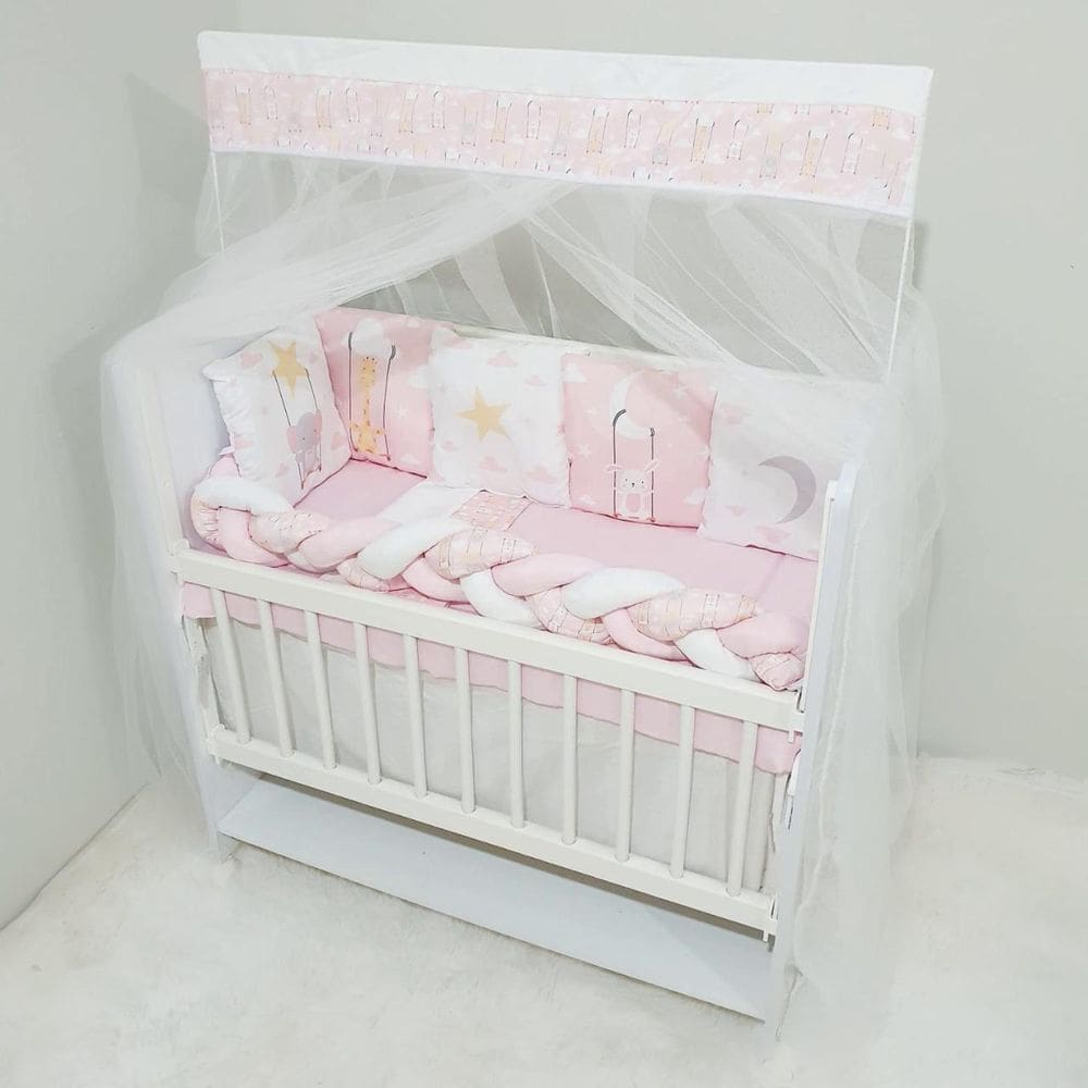 Kit Mini Berço E Saia De Berço 13 Peças Bebê Bichinhos Rosa