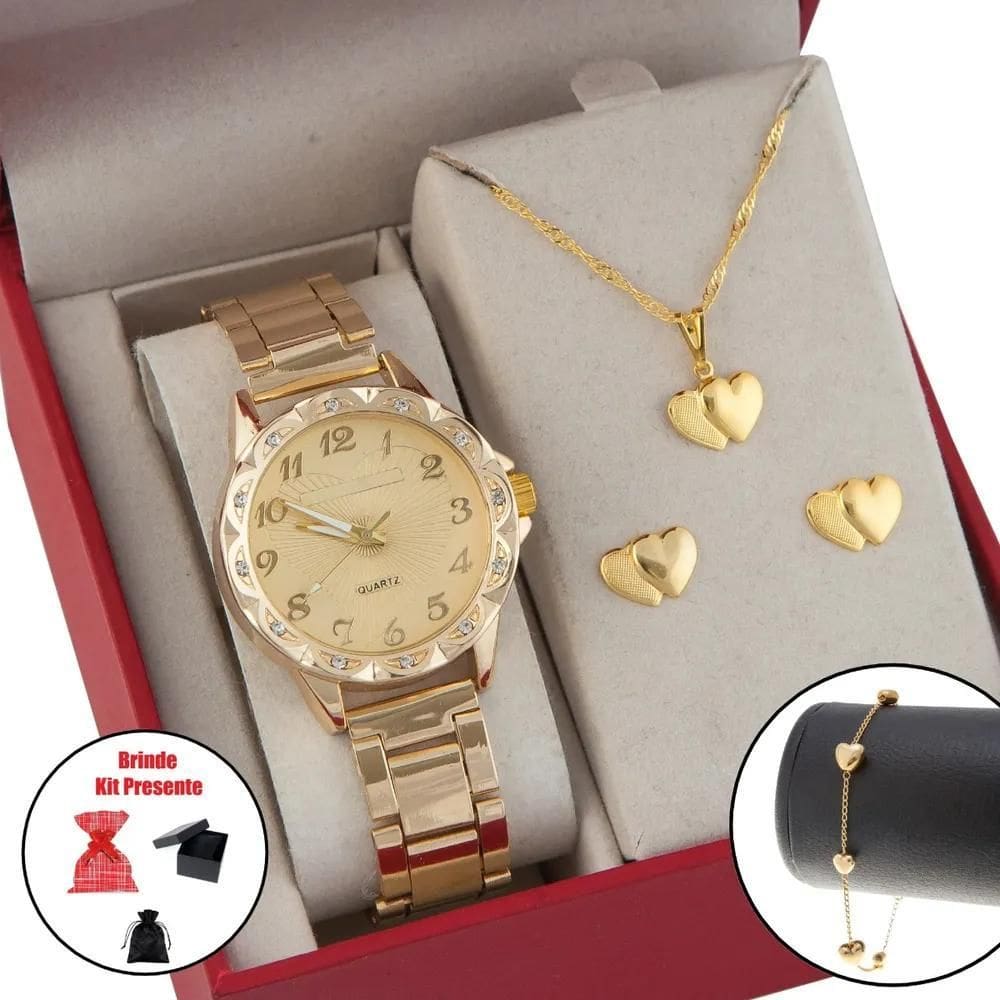 2X Kit Colar Pulseira E Brincos + Relógio Feminino