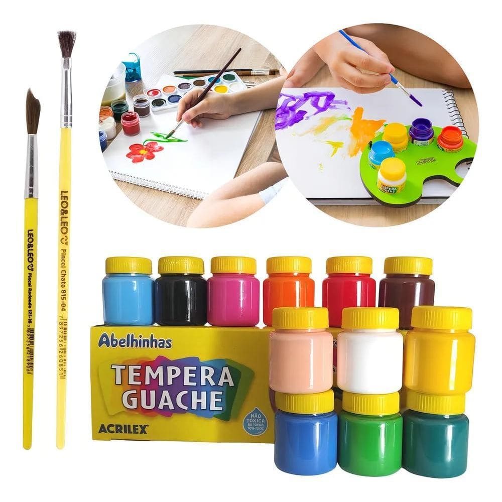 2X Tinta Tempera Guache Acrilex 12 Cores Pintura + 2 Pincéis