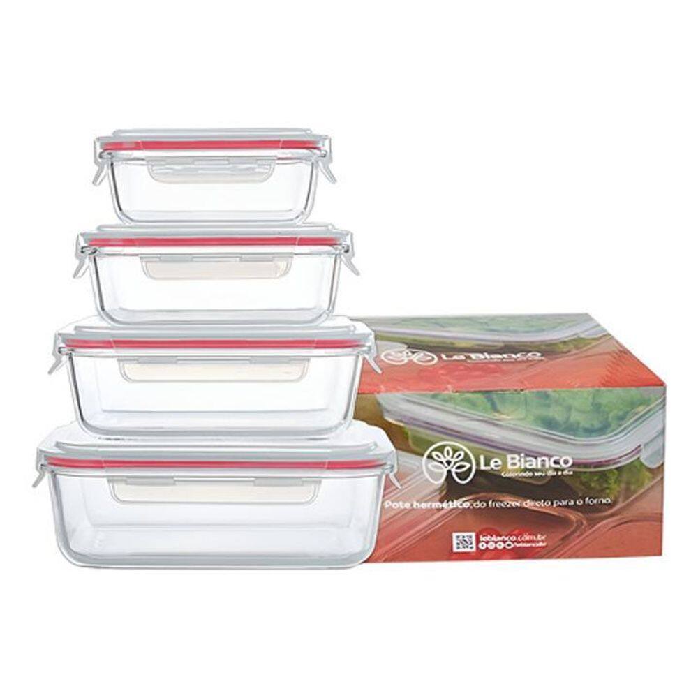 Conjunto 4 Potes De Vidro Retangular Hermético 4 Travas