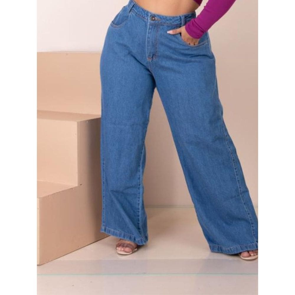 Calça Jeans Feminina Wideleg Plus Size Cintura Alta