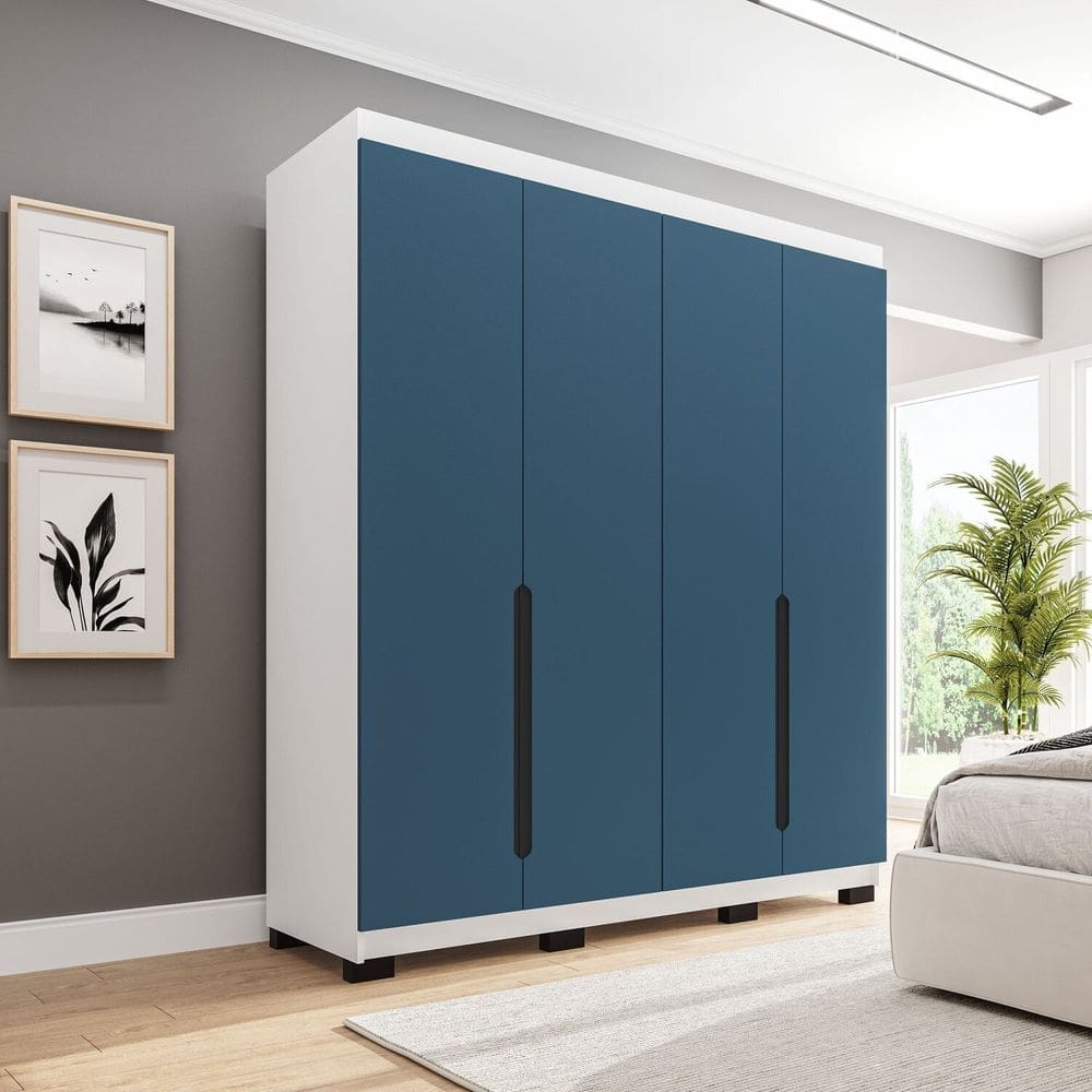 Guarda-roupa Casal 4 Portas Bater Madrid Azul/Branco