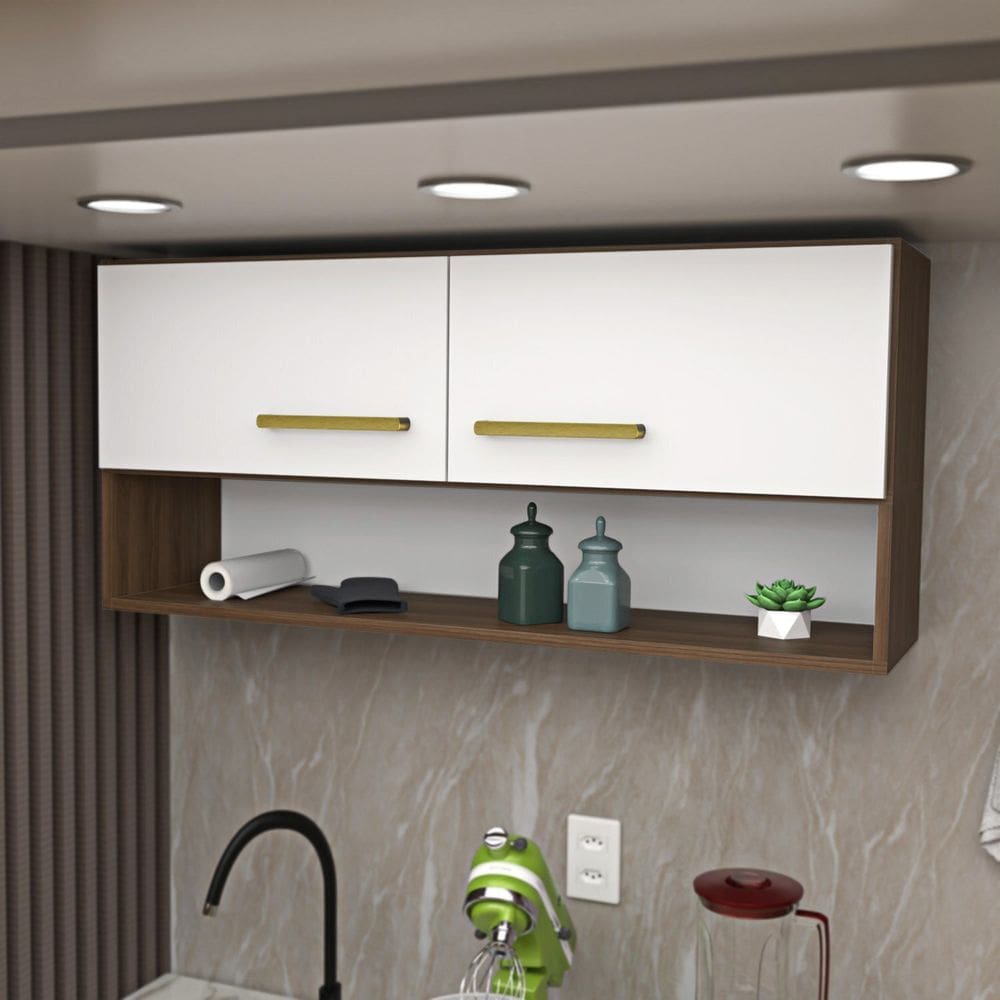 Armário Aéreo Cozinha Modulado 2 Portas Compactas Nogal/Branco