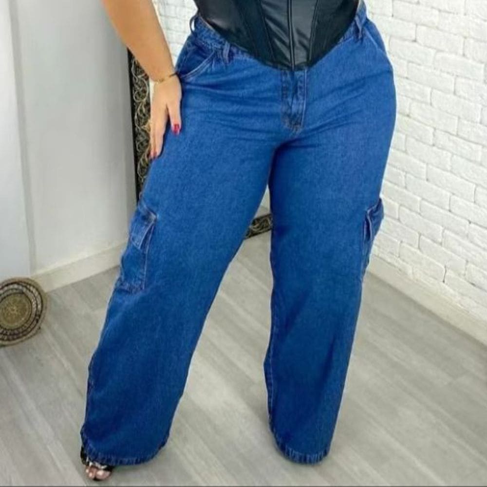Calça Jeans Cargo Feminina Plus Size Cintura Alta