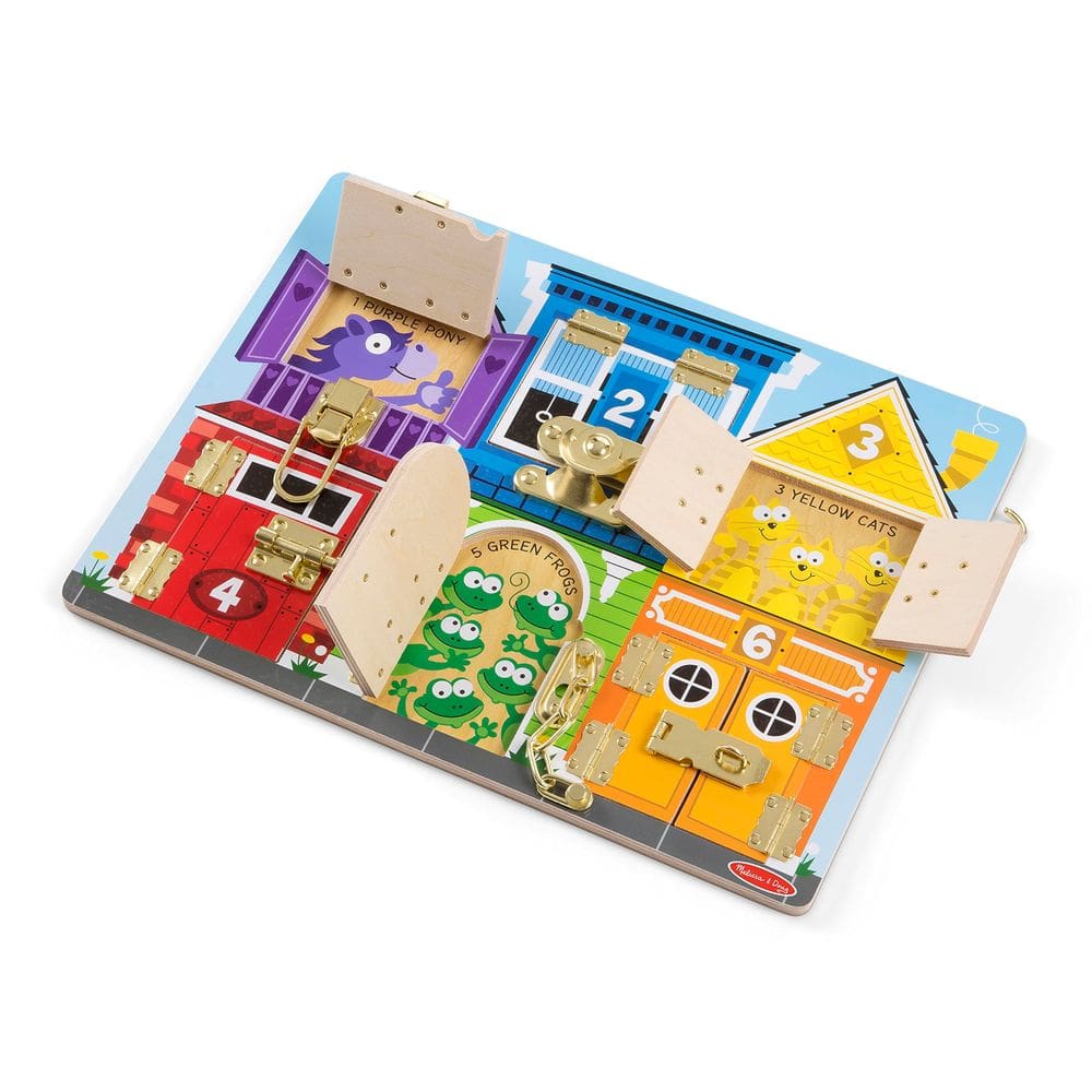 Placa de travas de madeira Melissa & Doug para atividades sensoriais