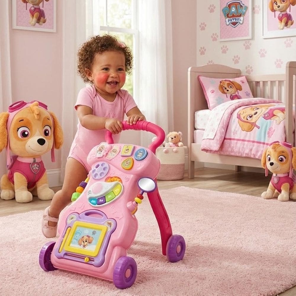 Andador Bebê Educativo Musical Infantil Didático Patrulha Canina Primeiros Passos Lousinha Rosa