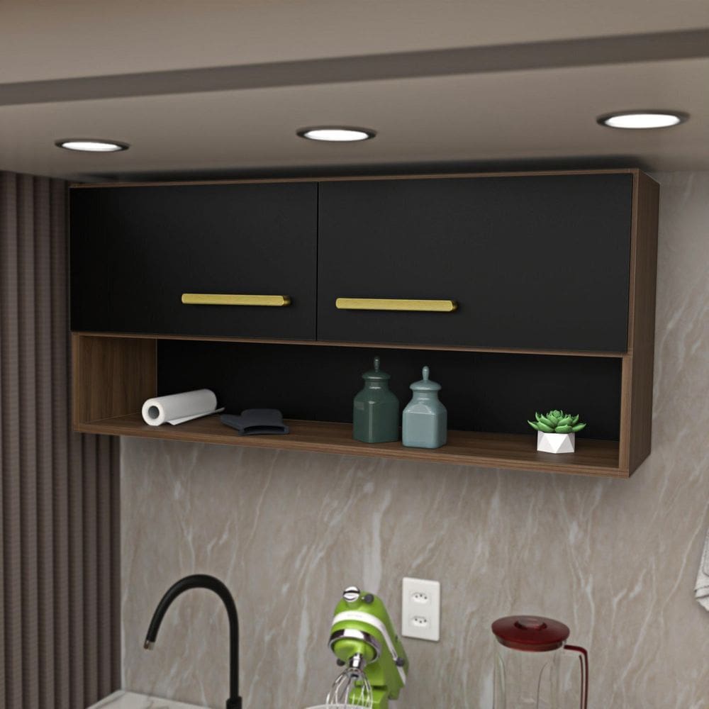 Armário Aéreo Cozinha Modulado 2 Portas Compactas Nogal/Preto