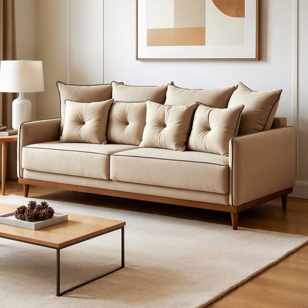 Sofá 2 Lugares Base em Madeira Maciça Athena Bege