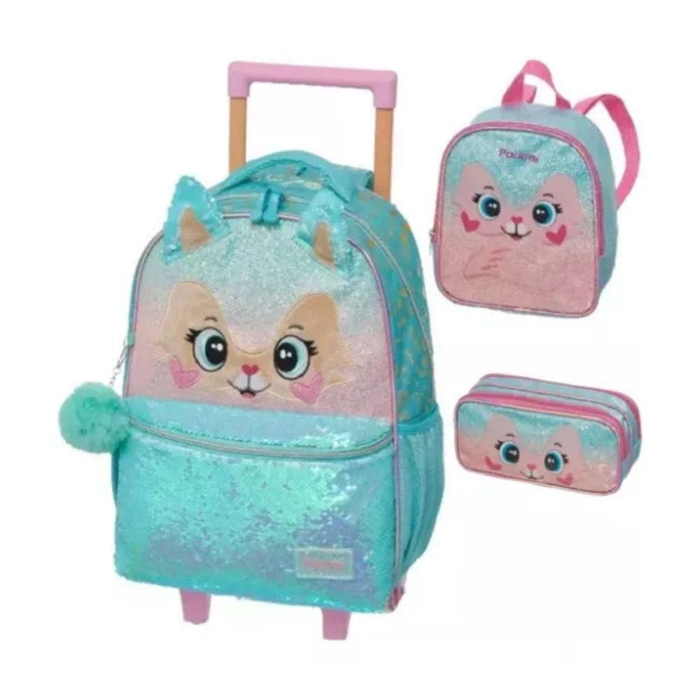 Kit Mochila Rodinhas + Lancheira + Estojo Pack Me Fox Pacific