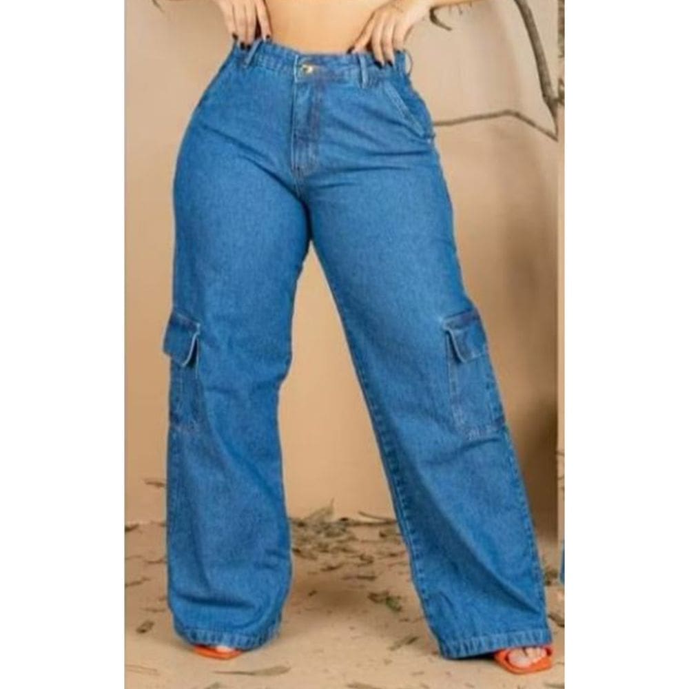 Calça Jeans Feminina Cargo Plus Size Cintura Alta