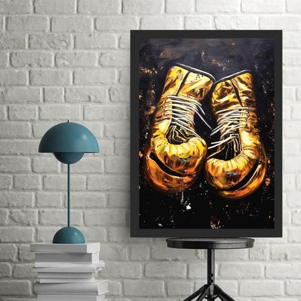 Quadro Decorativo Arte Luvas Boxe Dourada 24X18Cm