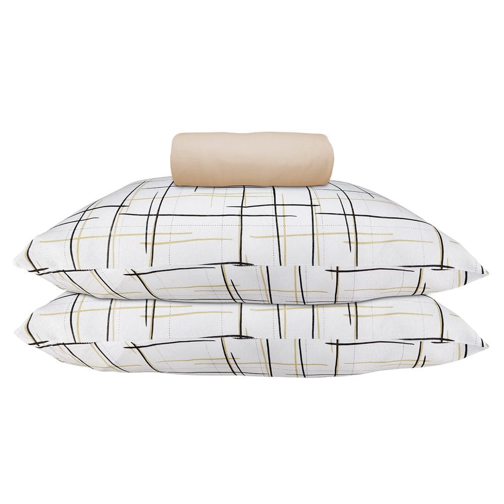 Jogo de Lençol KazzaVip Casal Malha 100% Algodão Lençol com Elástico Bruxelas 3 Peças Bege Caqui