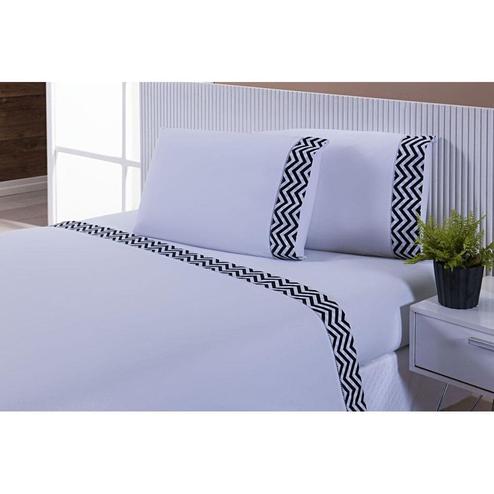 Jogo Lençol 4 Peças Cama Viúva Percal 200Fios Branco Chevron