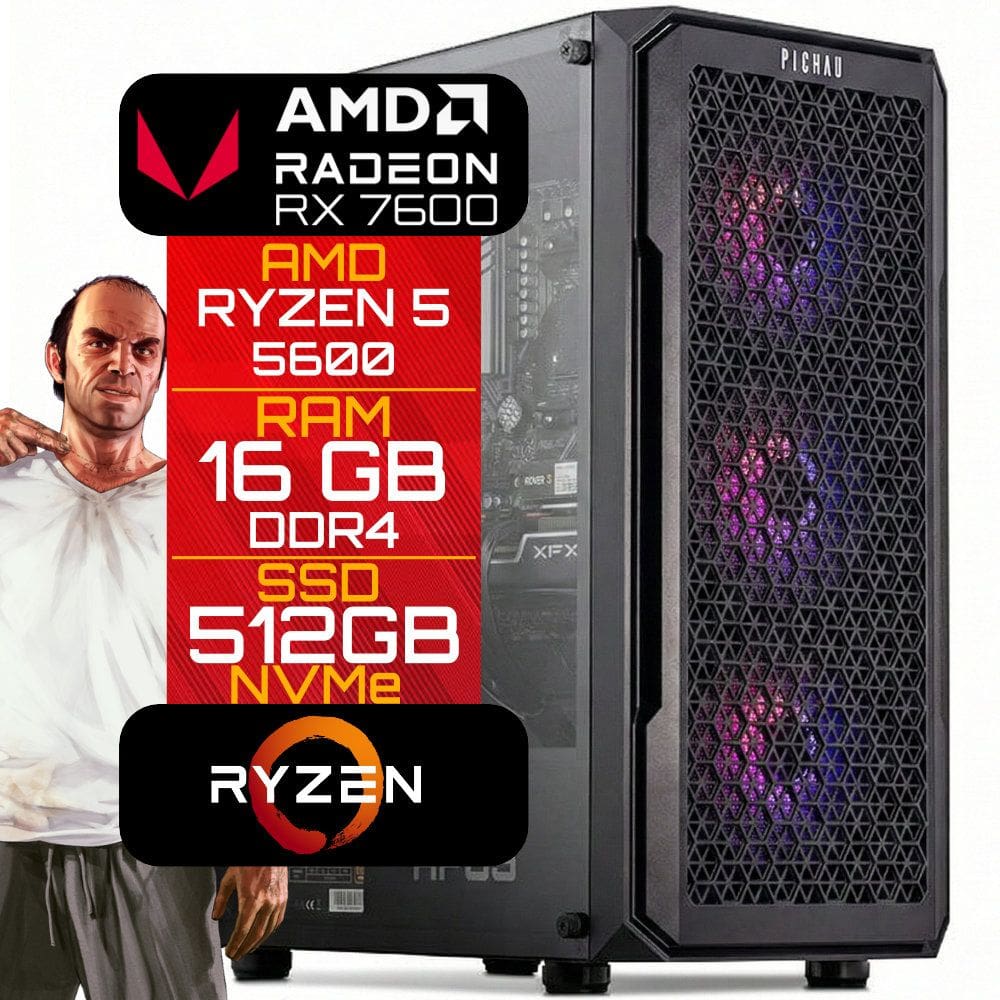 Computador Gamer Ryzen 5 5600 Radeon RX 7600 8GB RAM 16GB (Dual-Channel) SSD NVMe 512GB 600W