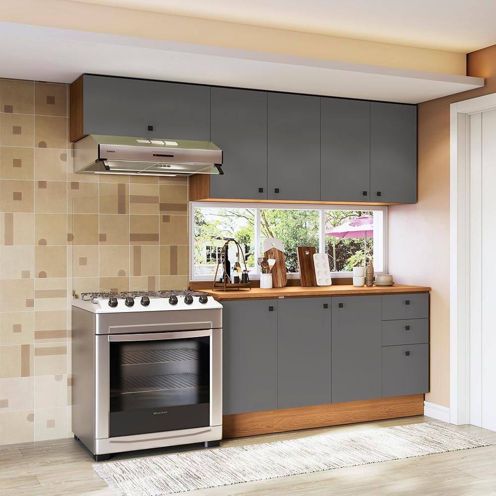 Armário de Cozinha Completa 240cm Canela/Cinza Sagrado Pixel Kappesberg