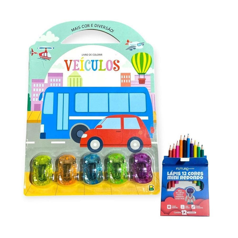 Livro De Colorir Infantil+ 5 Mini Carrinhos + Lápis De Cor