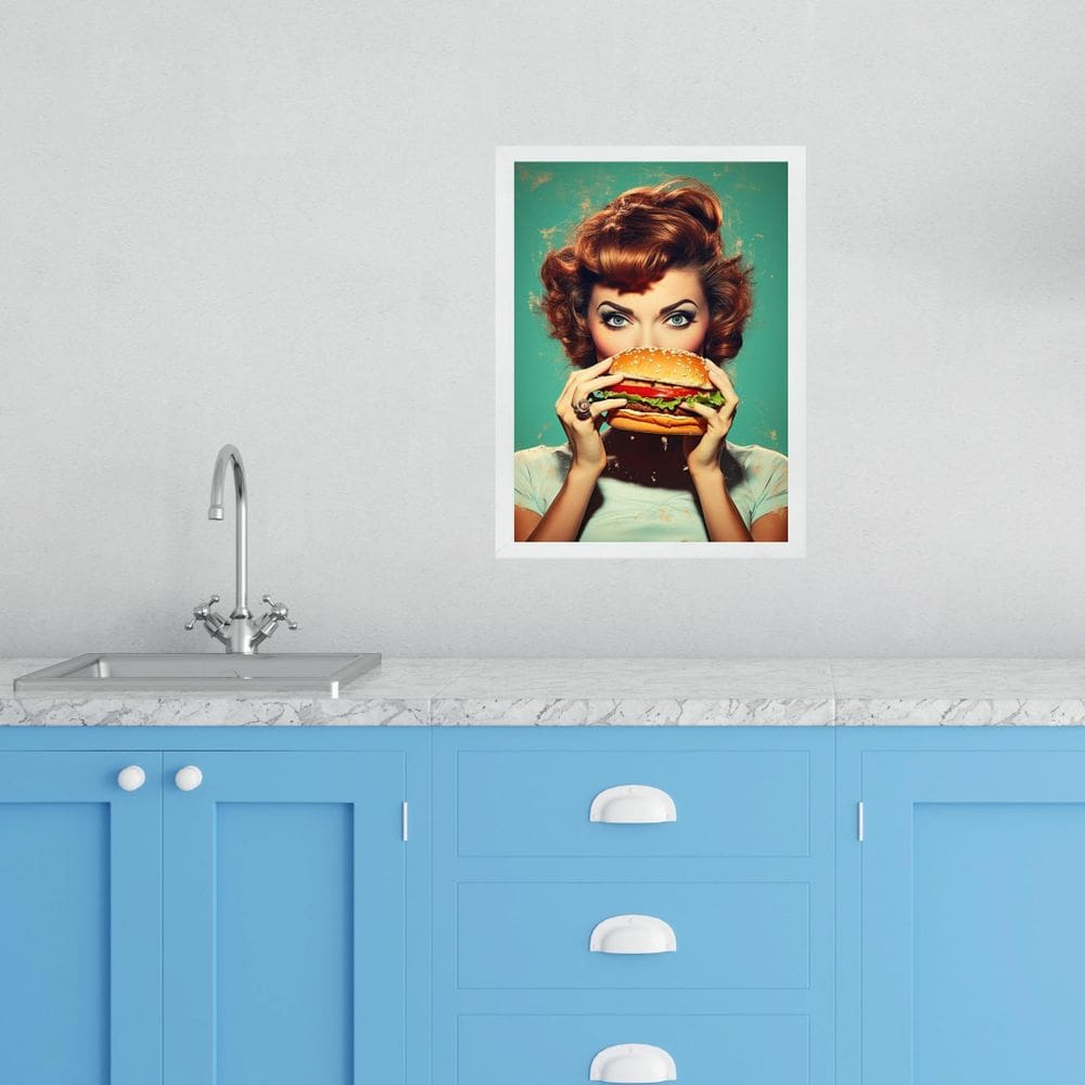 Quadro Cozinha Retro Pin Up Hamburger 33X24Cm - Com Vidro