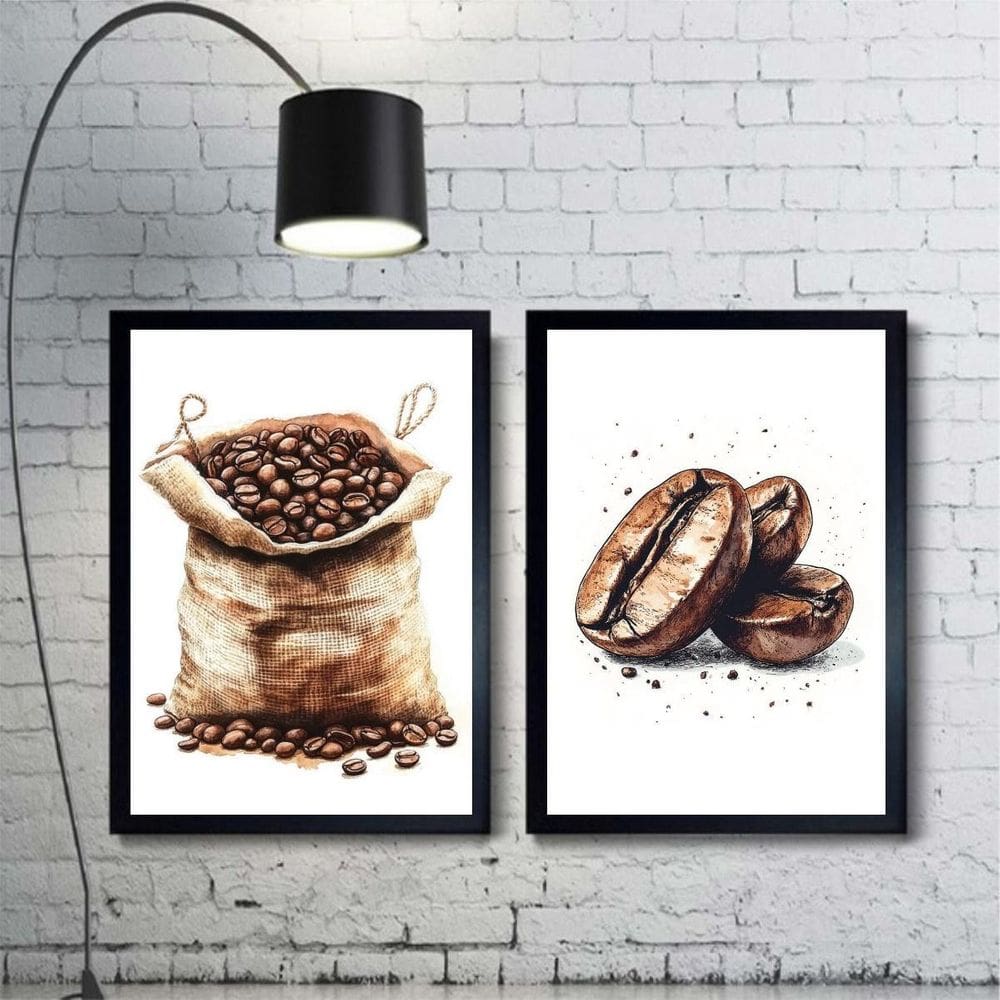 Kit 2 Quadros Aquarela - Grãos De Café 24X18Cm - Com Vidro