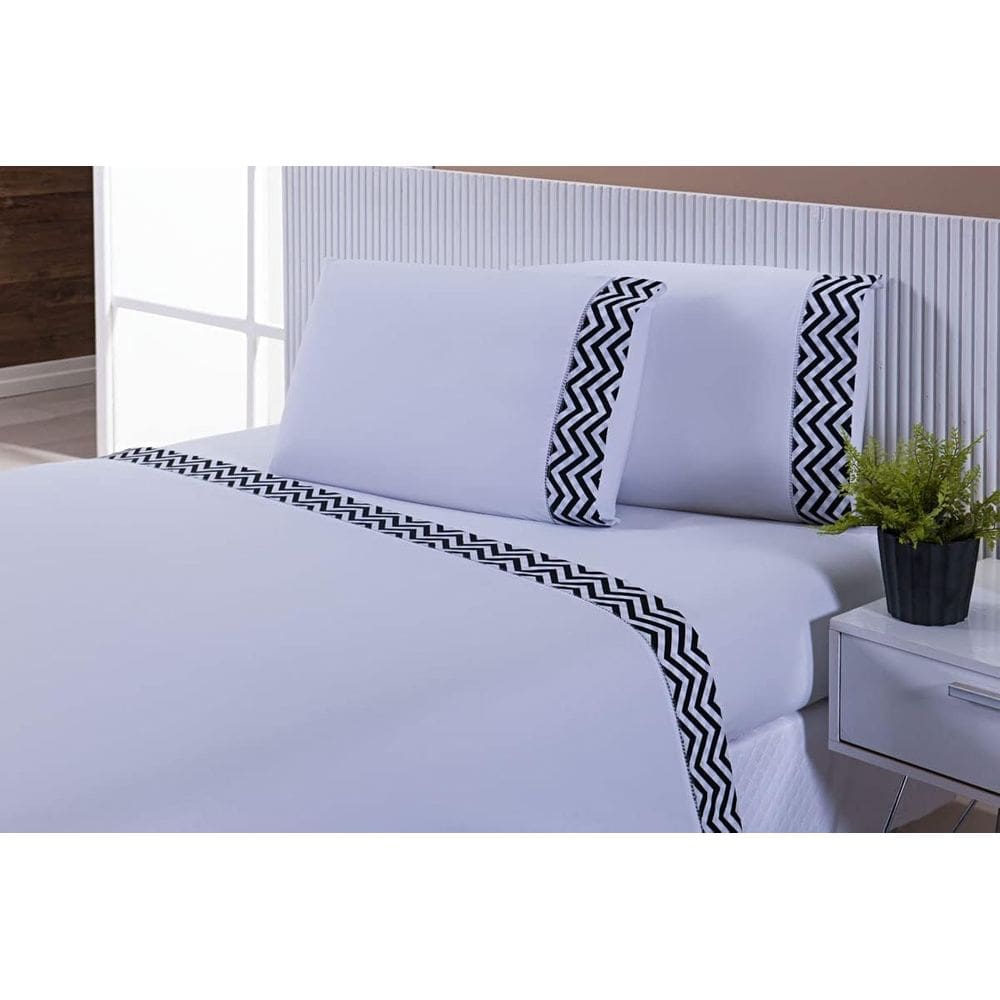 Jogo Lençol Viúva 4 Peças 203x120x35 100% Algodão 300 Fios Estampado Branco Barrado Chevron