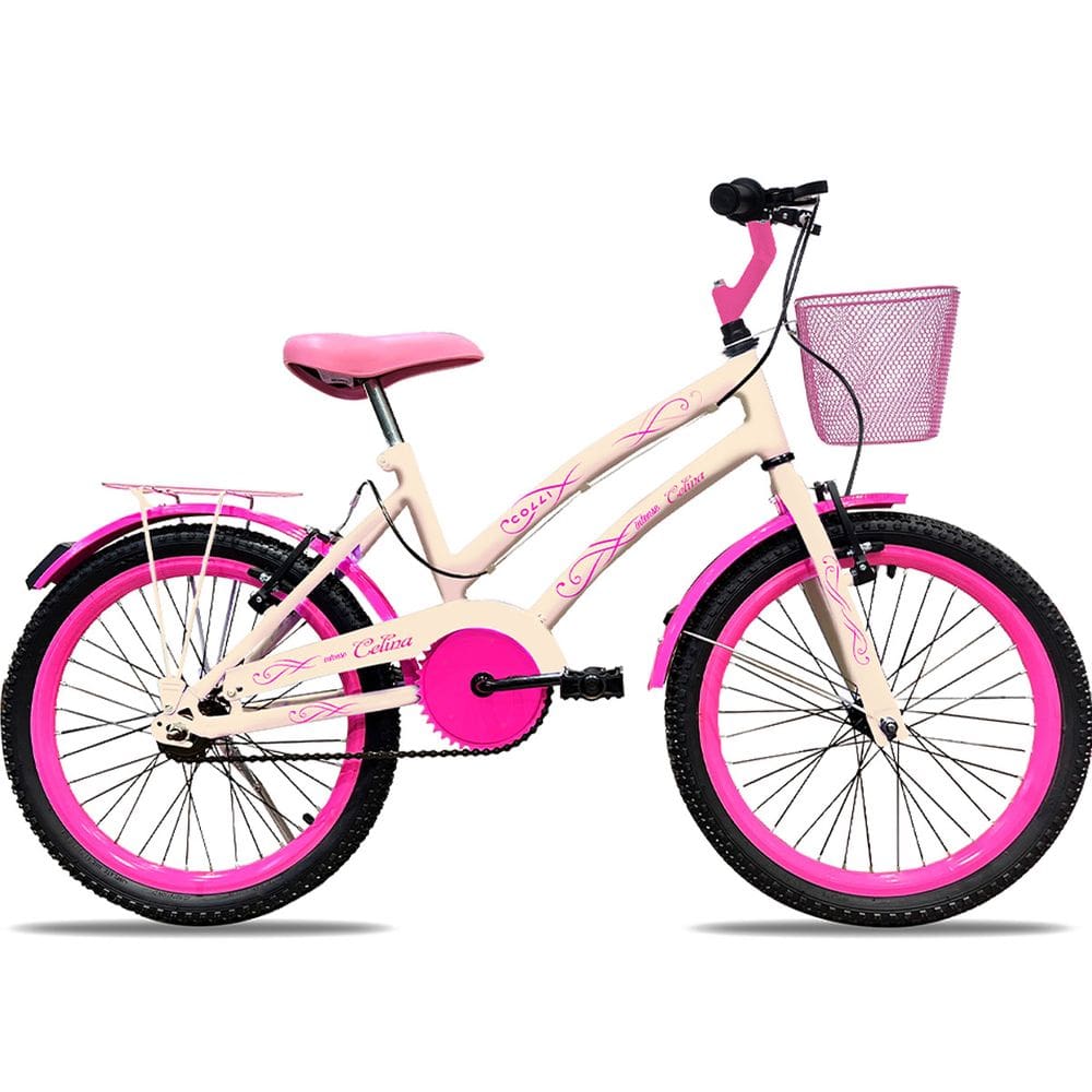 Bicicleta Infantil Colli Celina Com Cesto Bege Aro 20 Quadro Aço Carbono 7+ anos Freio V-Brake Feminina Menina Cestinha