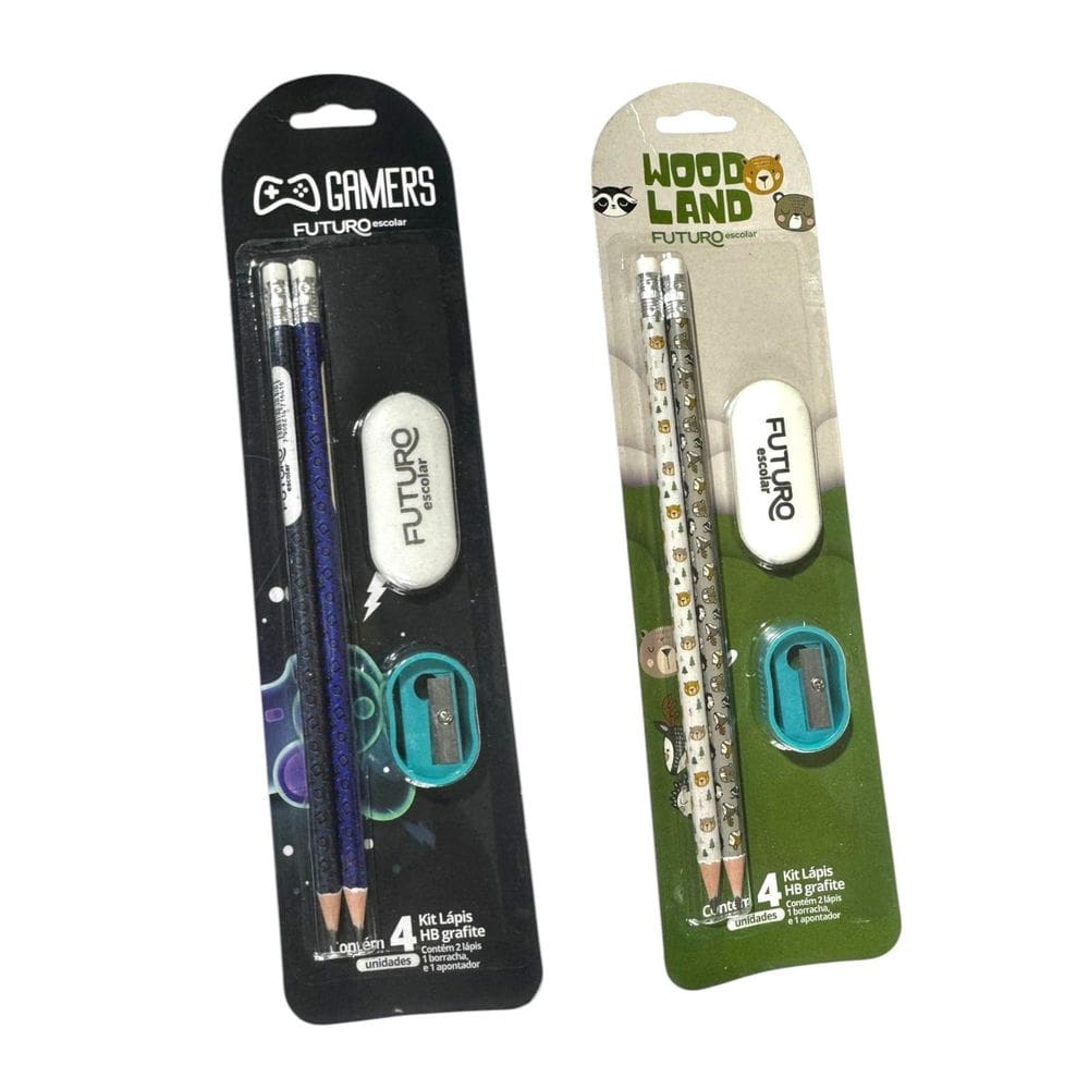 Kit Material Escola 4 Lápis Hb + 2 Borrachas + 2 Apontadores