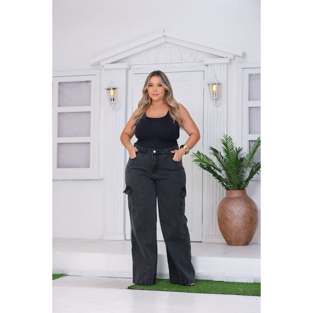 Calça Cargo Feminina Cinza Grafite Plus Size Cintura Alta