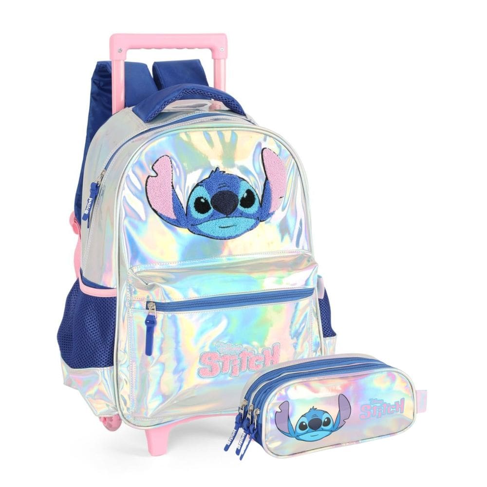 Mochila Rodas Stitch Com Estojo Triplo Escolar Holográfico