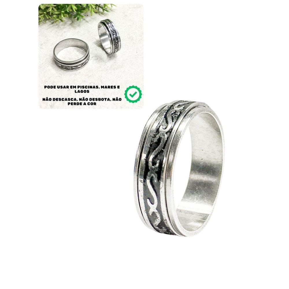 Anel Dedeira 7Mm Masculino Prateado Preto Desenhos Egípicios