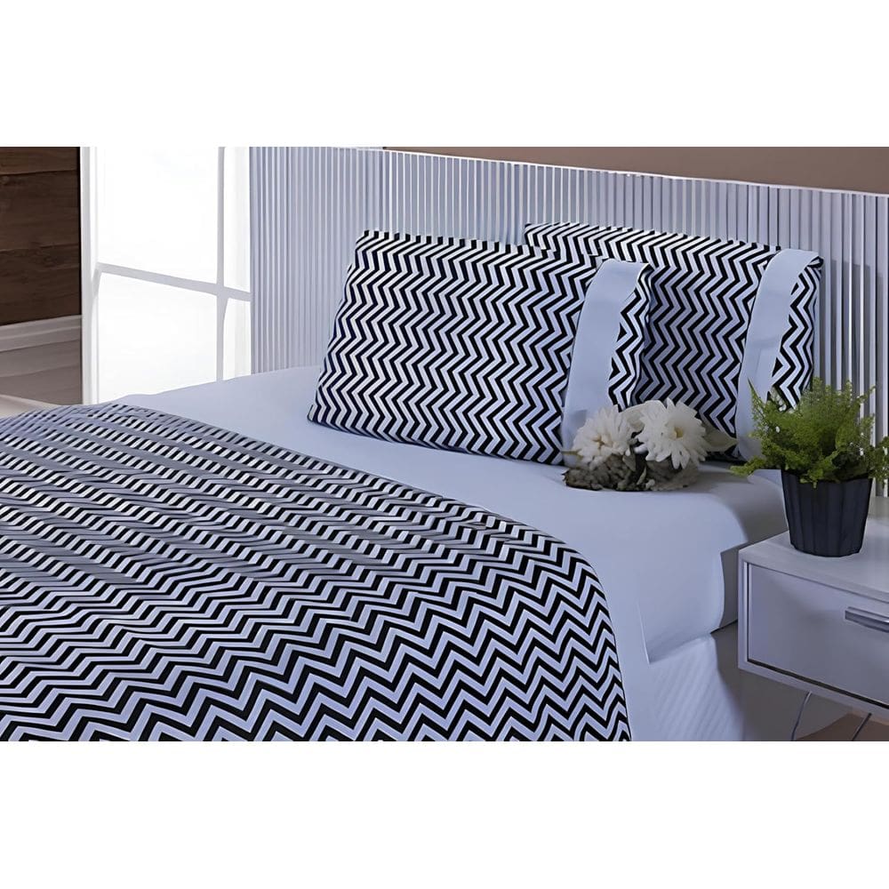 Jogo Lençol Viúva 4 Peças 203x120x30 100% Algodão 180 Fios Estampado Chevron Barrado Branco