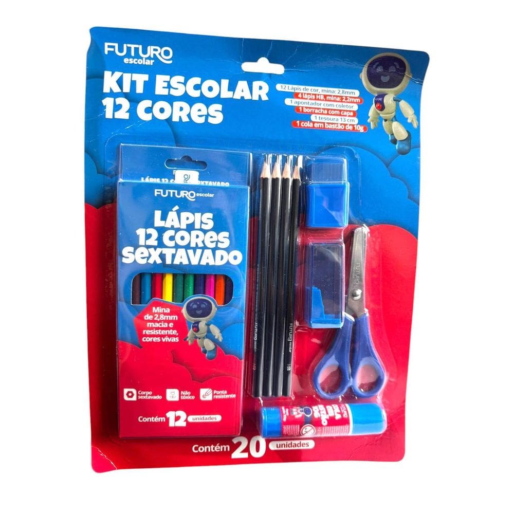 Kit 3 Cartelas Escolar Lápis Borracha Tesoura Cola Apontador