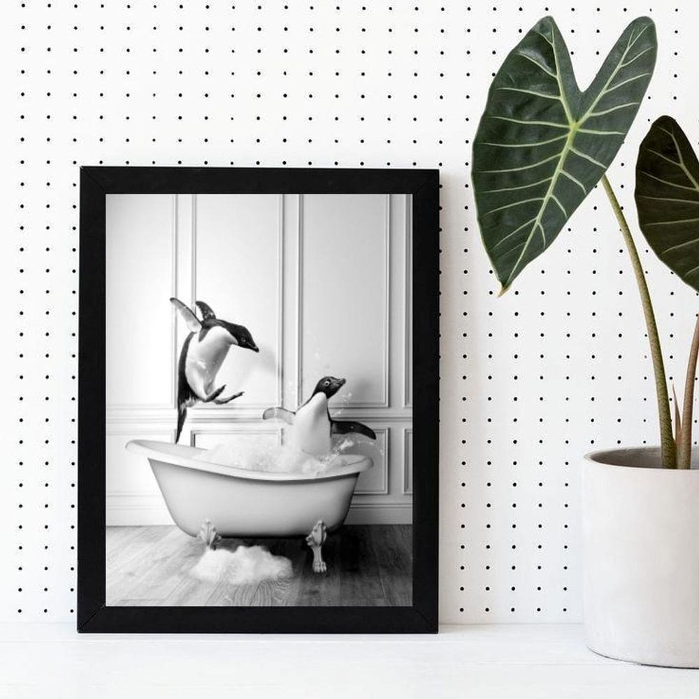 Quadro Decorativo Banheiro- Pinguins Banheira 33X24Cm