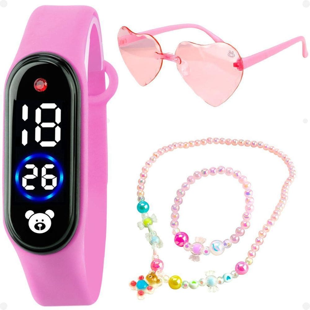 Relogio Digital Infantil Led + Colar + Pulseira Qualidade