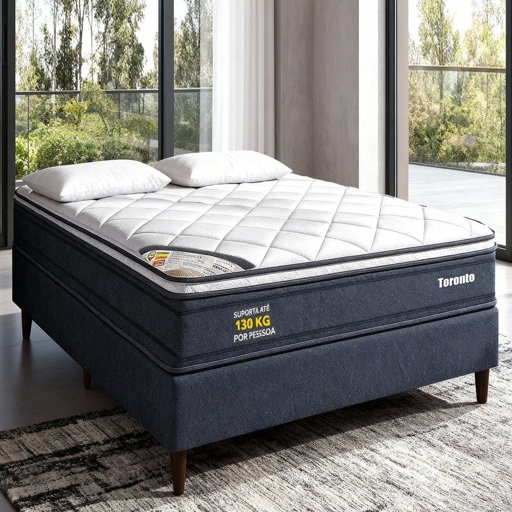 Conjunto Colchão Casal Toronto Pkt 10 Eps com Box Spring Luxo Cinza/Branco