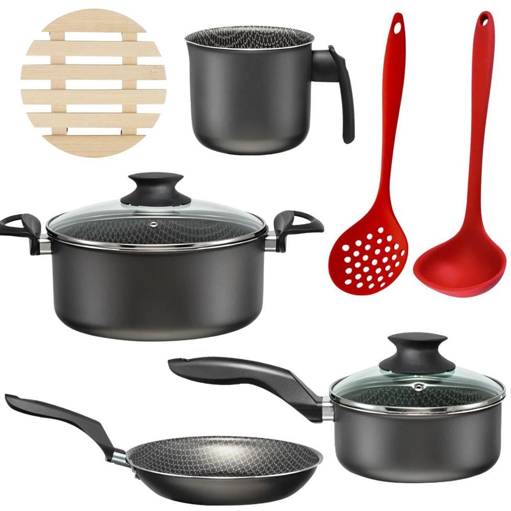 Jogo De Panelas 04 Pçs + 04 Descansos + Concha + Escumadeira