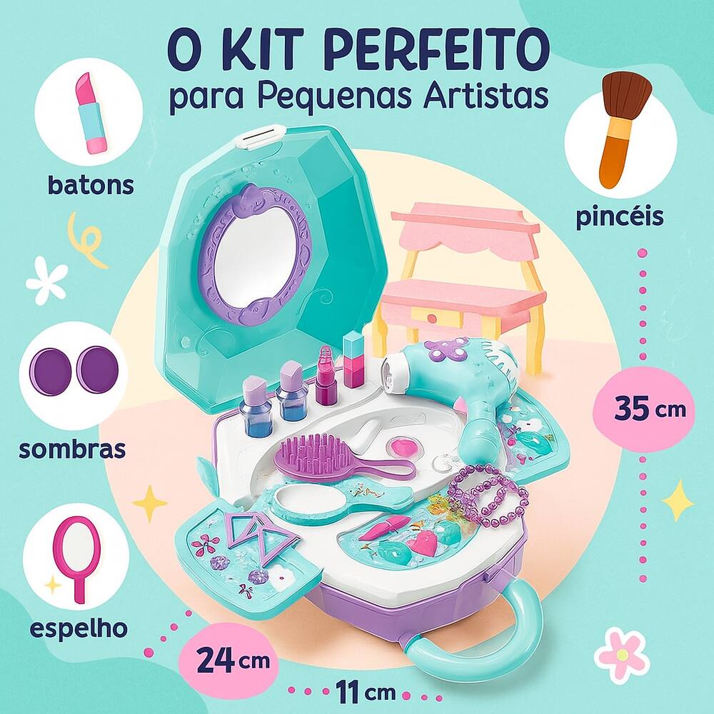 Kit Maquiagem Infantil 2 em 1 Penteadeira Maleta | Extra