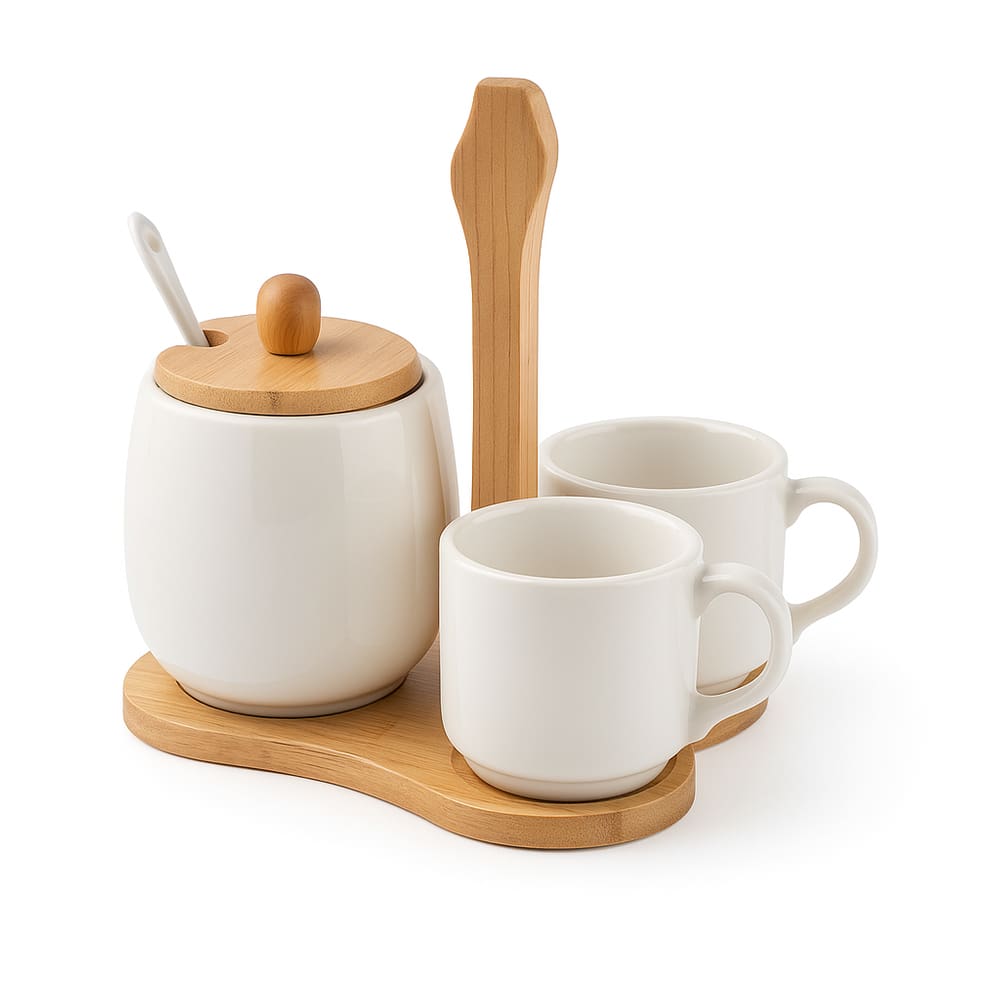 Jogo Xícaras Café Açucareiro Suporte Bambu Cerâmica 4 Peças