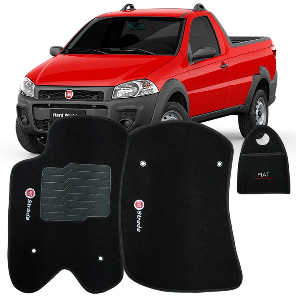 Jogo Tapete Carpete + Lixeira Fiat Strada Cab. Simples 2013 à 2019 Soft Logo Bordado Preto 3 Peças