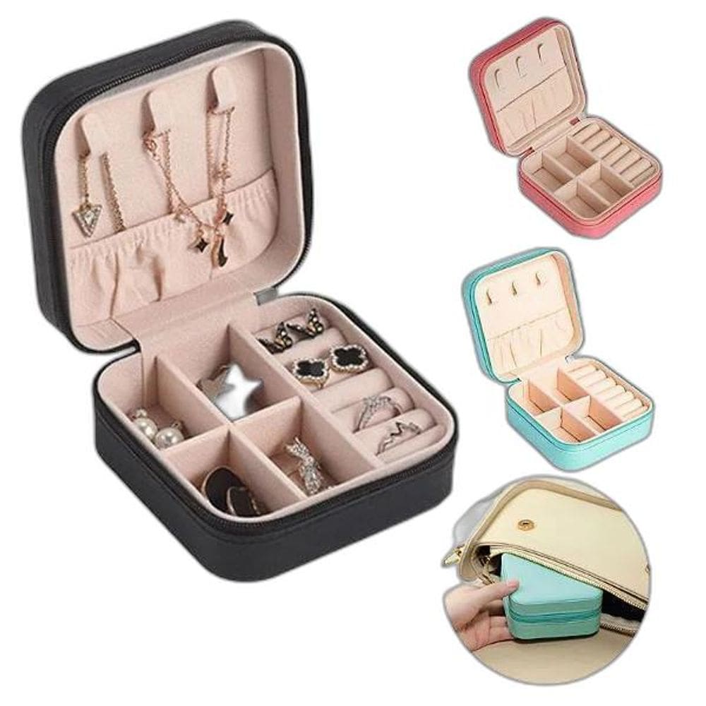 Porta Jóias Portátil Viagem Estojo Maleta Caixa Couro Zíper