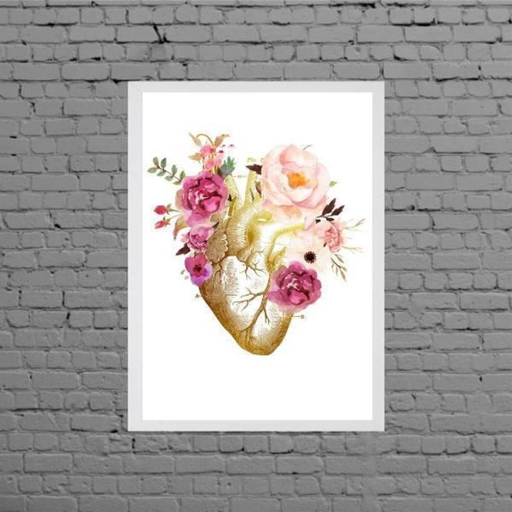 Quadro Decorativo Coração Florido 45X34Cm Moldura Branca