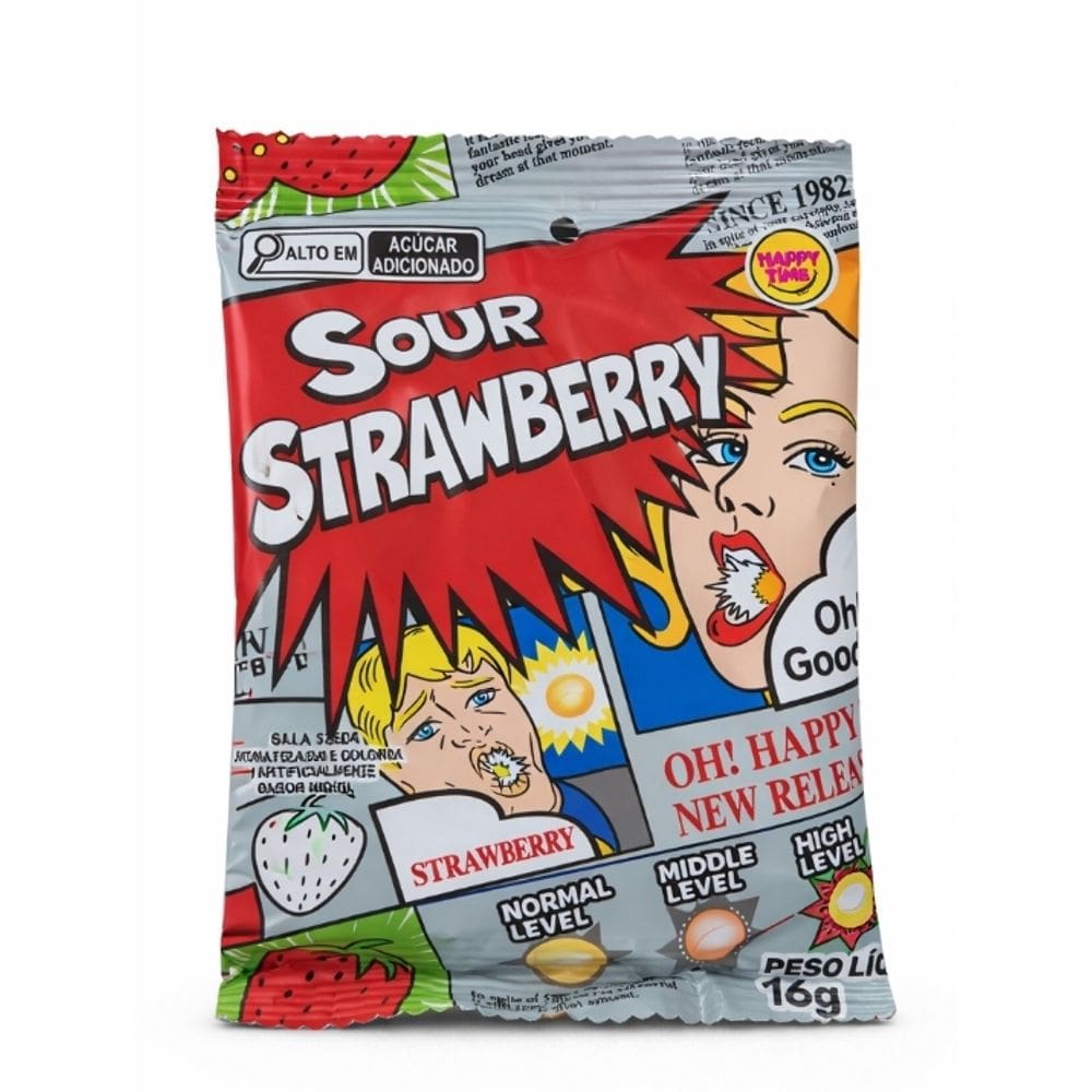 Bala Super Azeda Sour Morango Happy Time 16g - Importada