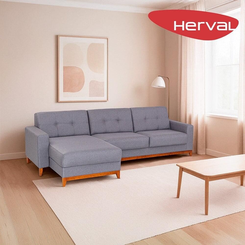 Sofá 4 Lugares com Chaise Herval Safira Linho Cinza, 300 cm