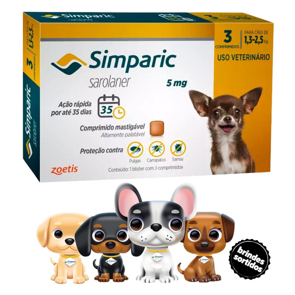 Simparic Antipulgas E Carrapatos Caes 1,3 A 2,5Kg C/ 3 Comprimidos + Surpresa