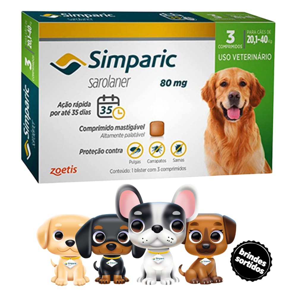 Simparic Antipulgas E Carrapatos Cães 20,1 A 40Kg C/3 Comprimidos + Surpresa