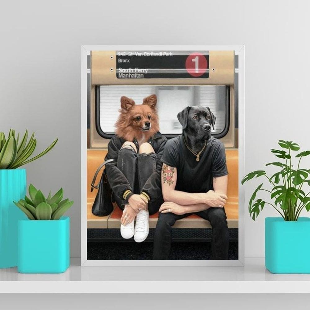 Quadro Montagem Cães Pessoas Metrô 24X18Cm Branca