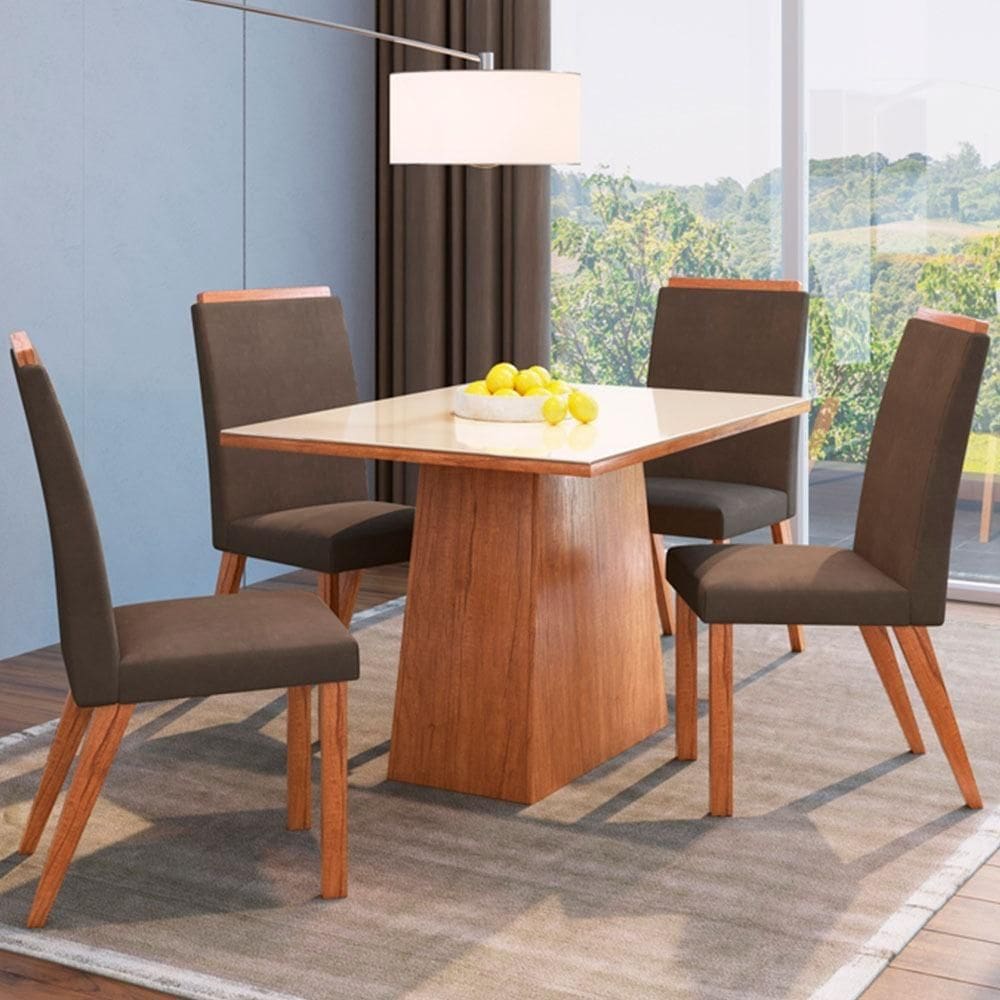 Conjunto Mesa de Jantar e 4 Cadeiras Estofadas Zamarchi, Canela e Off White