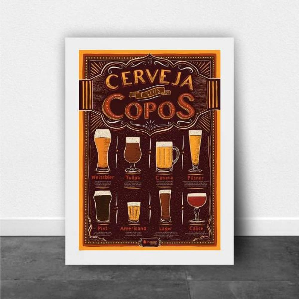 Quadro A Cerveja E Seus Copos 24X18Cm Moldura Branca