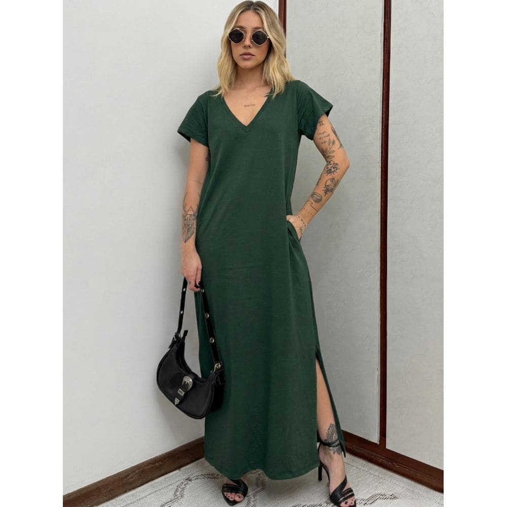 Vestido Longo de Algodão com Bolso Decote V Verde Escuro